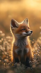 Young red fox sitting in grass at sunset