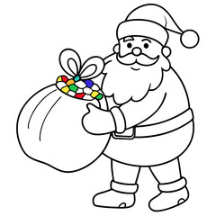 Santa Claus with a Large Gift Bag and Colorful Ribbons – Vector Illustration