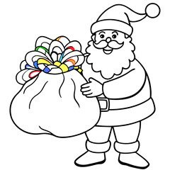 Santa Claus with a Large Gift Bag and Colorful Ribbons – Vector Illustration