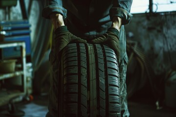 A pair of gloved hands grips a large tire in a dimly-lit mechanic's garage, capturing the essence of manual labor.