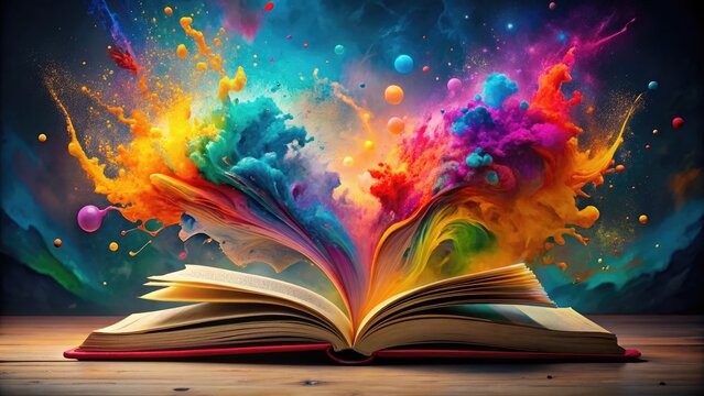 Vibrant splashes of colorful paint swirl around an open book, its pages fluttering, as whispers of knowledge and imagination blend into a mesmerizing abstract background.