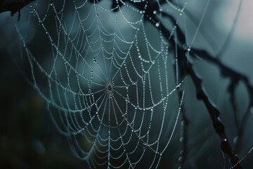 A beautifully symmetrical spider web covered in dew droplets, set against a softly blurred, moody background, capturing the ethereal beauty of nature.