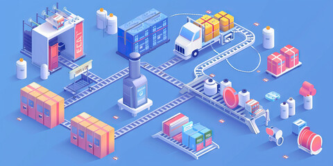 Fototapeta premium A flowchart of the supply chain for a popular consumer goods company, with an industrial-inspired background. 