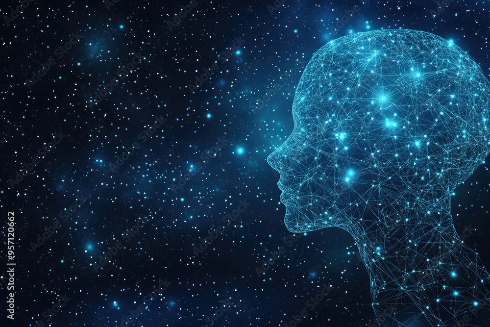 Poster artificial intelligence concept with a human head made of connecting lines and dots representing the