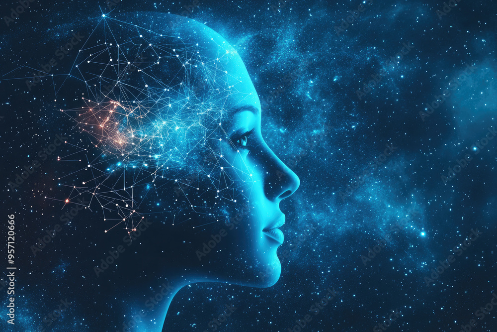 Poster artificial intelligence concept with a human head made of connecting lines and dots representing the