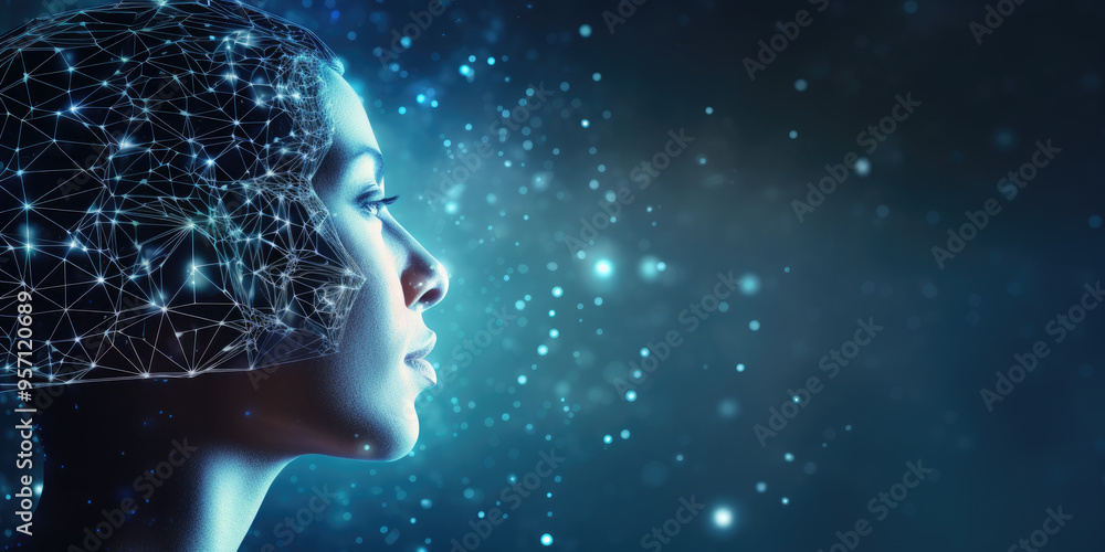 Poster artificial intelligence concept with a human head made of connecting lines and dots representing the