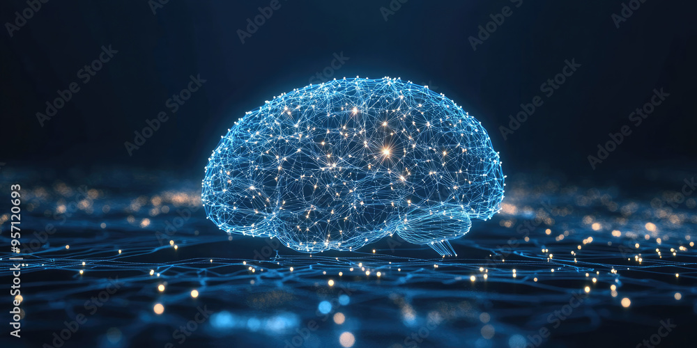 Aufkleber glowing brain made of points and lines is connecting to a network symbolizing artificial intelligenc