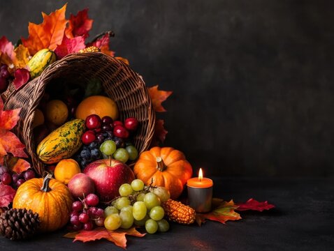 A Thanksgiving cornucopia filled with vibrant produce, surrounded by glowing candles and fall leaves, symbolizing gratitude and abundance