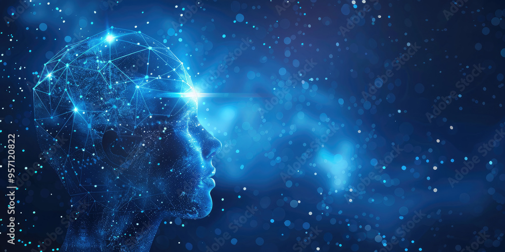 Poster artificial intelligence concept with a human head made of connecting lines and dots representing the