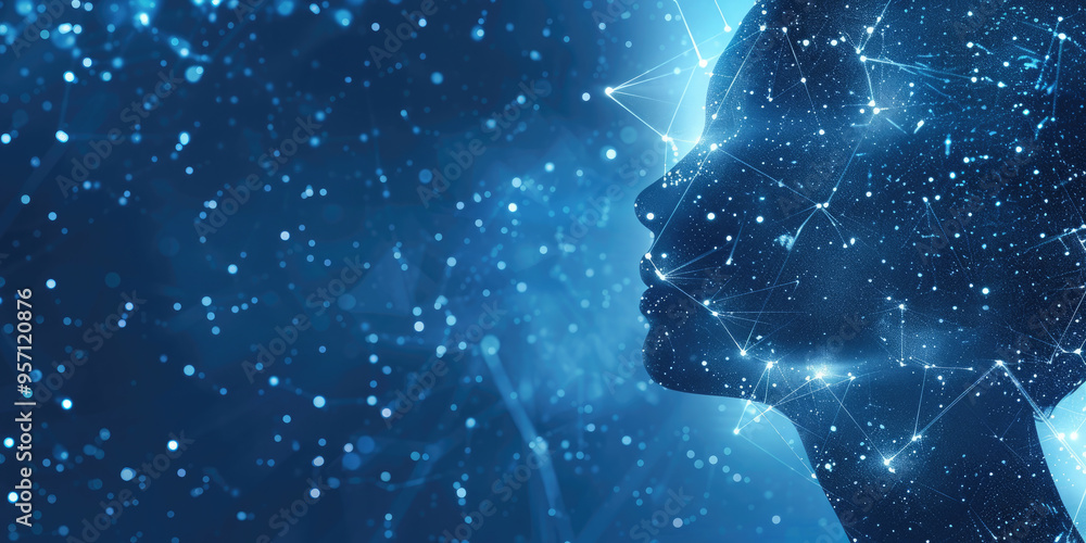 Poster artificial intelligence concept with a human head made of connecting lines and dots representing the
