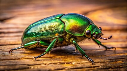 Fototapeta premium Vibrant green scarab beetle with intricate details and textures, perched on a worn wooden surface, illuminated by soft, warm light, evoking ancient Egyptian mysticism.