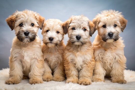 Soft coated wheaten terrier puppies beam with big eyes and wag their tails, posing for the camera with innocent charm and playful energy.