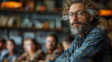 A man with a beard and glasses is sitting at a table with other people