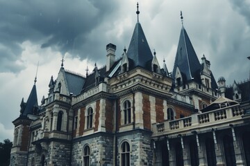 Fototapeta premium A majestic, gothic-style castle stands under a dramatic, cloudy sky, highlighting its intricate architecture and gloomy atmosphere.