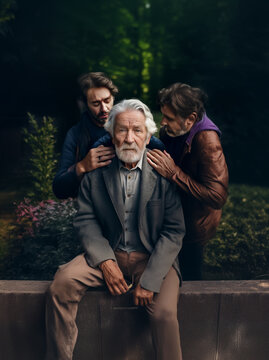 An sad old man in the park being cared for by two grown men