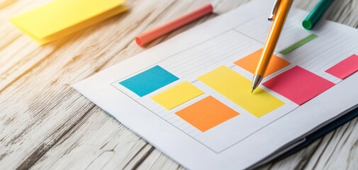 Business plan binder with charts and notes, organized approach to company strategy