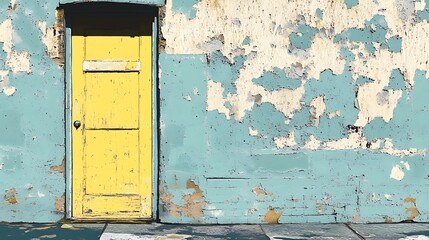 A weathered, peeling blue wall with a yellow wooden door.