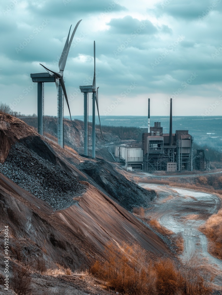 Aufkleber wind turbines rise alongside remnants of closed coal mines and factories, highlighting the shift tow