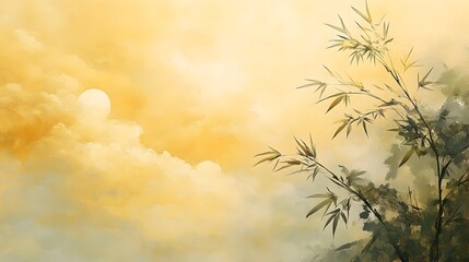 Obraz premium Ethereal Chinese Brush Painting with Wispy Clouds and Delicate Brushwork