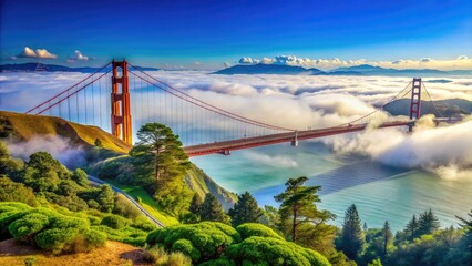 Obraz premium Vibrant sunny day in iconic San Francisco, with fog rolling over Golden Gate Bridge, bright blue sky, and lush green trees in the foreground.