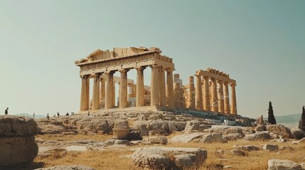 Obraz premium The ancient Acropolis in Athens, Greece, standing majestically against a clear sky, with no visitors to disturb its timeless