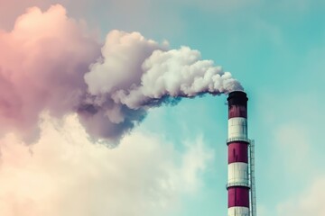 A plume of white smoke billows out from a tall industrial smokestack against a strikingly colorful sky at sunrise or sunset.