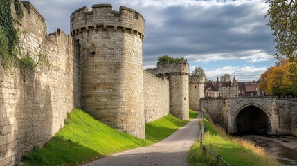 The ancient city walls of York, England, with historic towers and gates, photographed without any