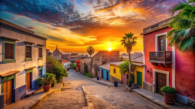 Vibrant sunset casts a warm glow on rustic adobe buildings and dusty streets in historic Dakar, reflecting Peruvian cultural heritage and South American charm.