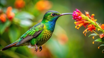 Vibrant hummingbird sips nectar from a blooming flower in a lush, protected rainforest habitat, highlighting the importance of preserving biodiversity and ecosystems.