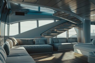Fototapeta premium A luxurious yacht’s interior bathed in soft sunlight, featuring modern design and comfortable seating areas, inviting relaxation and sophistication.