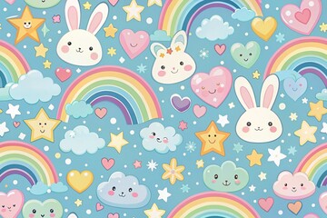 Sweet pastel rainbow hues blend with whimsical elements - tiny bunnies hop among hearts, stars twinkle like diamonds in a joyful celebration of all things cute!