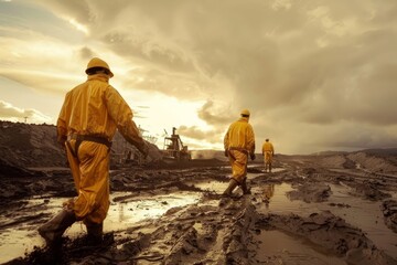 Workers wearing yellow protective gear trekking through a muddy landscape towards industrial machinery during sunset, highlighting the perseverance in challenging work.