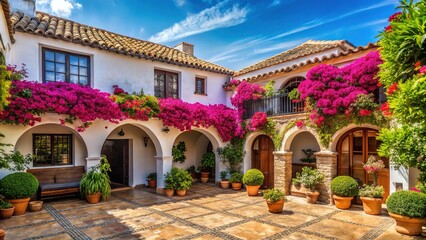 Fototapeta premium Sweeping Spanish villa boasts elegant arched windows, terracotta tiles, and a tranquil courtyard alive with vibrant bougainvillea's splashes of color.