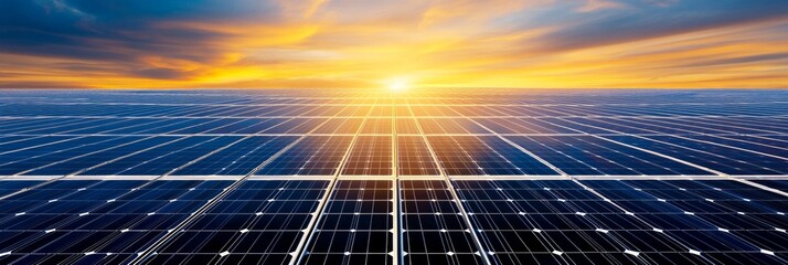 A vast array of solar panels stretching across the horizon, bathed in the warm glow of a setting sun