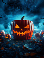 Fototapeta premium Glowing jack-o'-lantern with a spooky smile, surrounded by pumpkins in a dark, eerie, starry night scene; perfect for Halloween themes, horror, and festive and movie night designs. AI