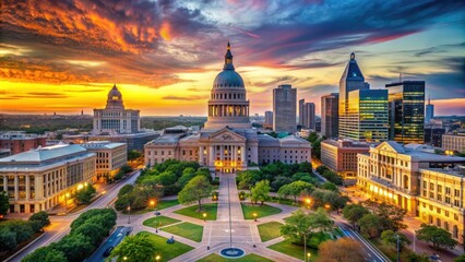 Fototapeta premium Vibrant sunset illuminates the Texas State Capitol building, with the vibrant 6th Street entertainment district and scenic Lady Bird Lake skyline in the background.