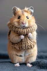 A close-up shot of a cute golden hamster wearing a brown knitted scarf