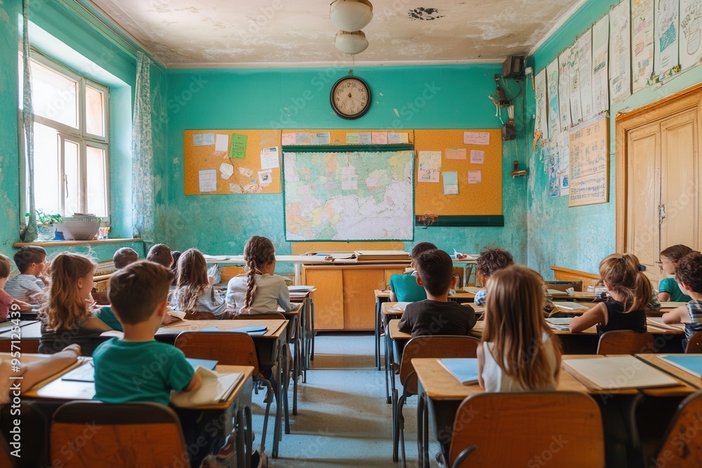 Poster students sit at desks in a cramped classroom, surrounded by old materials and a lack of school suppl