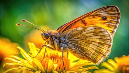 Vibrant, intricate butterfly proboscis uncoils from a delicate, hairy body, sipping sweet nectar from a bright yellow flower petal in a warm, sunny atmosphere.