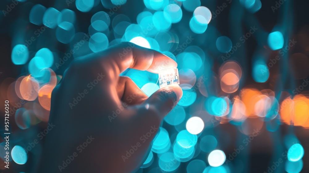 Wall mural a hand holding a light with bokeh background