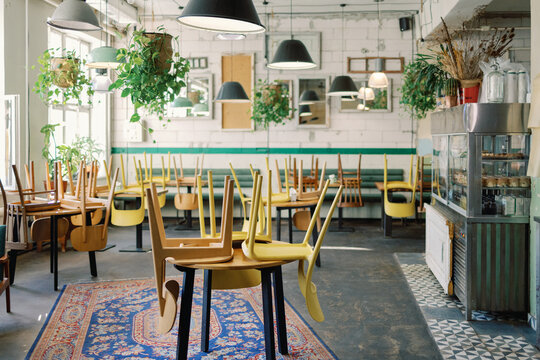 Interior of modern spacious cafe before opening at morning time