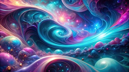 Obraz premium Vibrant, swirling nebula of turquoise, purple, and pink hues forms a mesmerizing 3D abstract background with intricate patterns and shimmering, iridescent light effects.