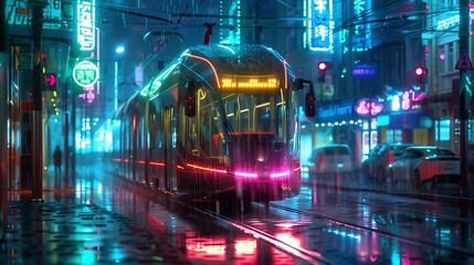 Fototapeta premium A futuristic tram illuminated in neon lights, gliding smoothly through a rain-soaked urban landscape at dusk, evoking a cyberpunk atmosphere