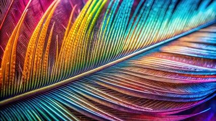 Vibrant, intricately patterned bird feather showcases delicate barbs and shaft, with soft, fluffy texture and subtle sheen, in stunning high-contrast, visually striking close-up detail.
