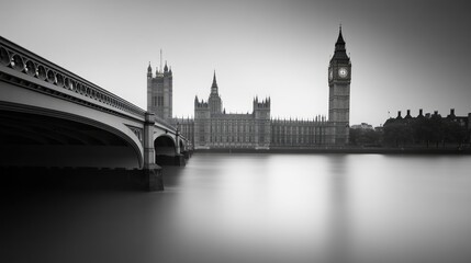 Obraz premium The grand architecure of the Palace of Westminster in London, UK, standing tall against the Thames River, with no one in the scene