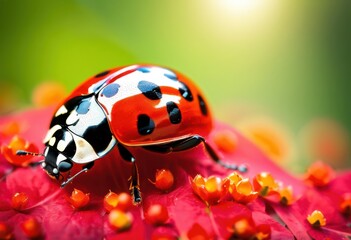 Fototapeta premium vibrant ladybug resting lush green leaves surrounded beauty colorful ecosystem, beetle, insect, flora, garden, macro, wildlife, foliage, plant, outdoor, tiny