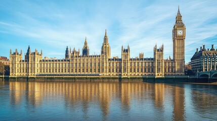 Fototapeta premium The grand architecure of the Palace of Westminster in London, UK, standing tall against the Thames River, with no one in the scene