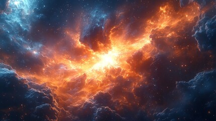 Naklejka premium Portrait of a Samurai's Upper Body in a Deep Sea-Like Galaxy: Symmetrical Design Featuring Neon Blue Nebulae, Transparency, Quantum Theory, and Particle Elements in Highly Detailed Fantasy Concept Art