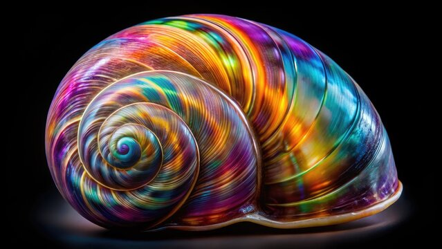 Vibrant, iridescent shell of a marine snail showcases intricate patterns and swirling colors, captured in stunning macro detail against a soft, black background.