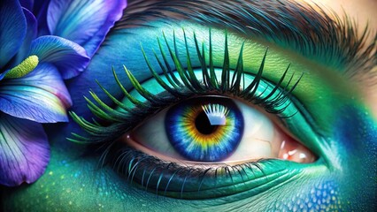 Obraz premium Vibrant iris with intricate layers of blue and green, surrounded by luscious lashes, gazing intensely with a hint of mystery and subtle sparkle.